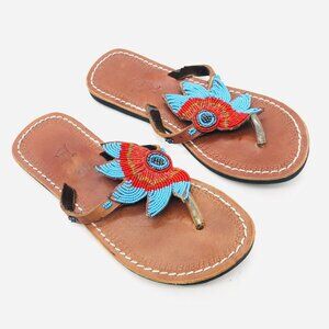 African Maasai Leather Hand Beaded Sandals Womens Size 36 Blue Red Gold Black